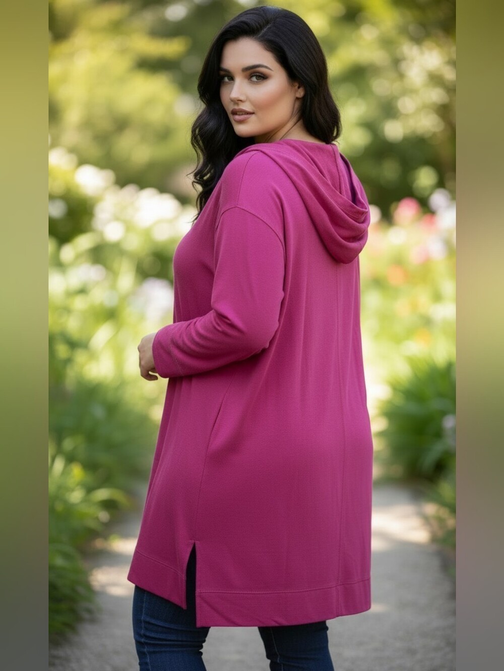 Roaman's V-Neck Hooded Tunic Top - Fuchsia
